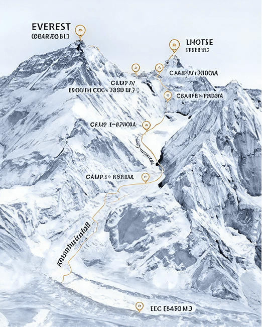 Everest route map showing the Khumbu region, camps and key landmarks including Gokyo Lakes area